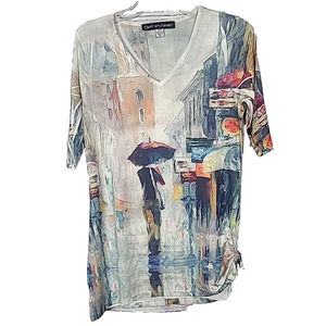 Clotheshead White Painting Artsy Cinched V-Neck Short Sleeve Top Womans SZ Small